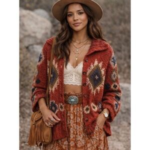 Seventh Avenue Southwestern Boucle Knit Button Front Cardigan Rust Red Womens L